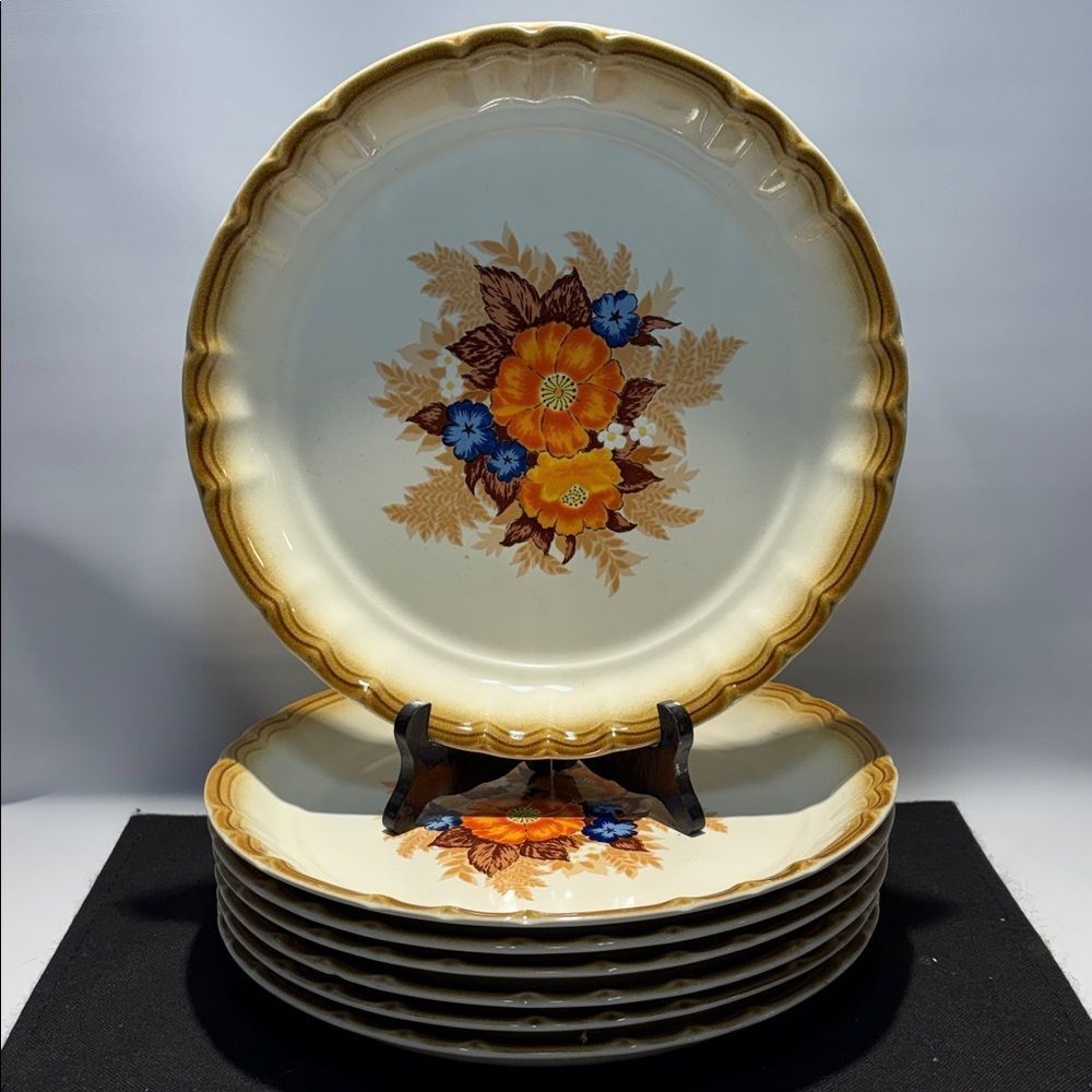 Seven Floral Patterned Dinner Plates - Cream and Brown